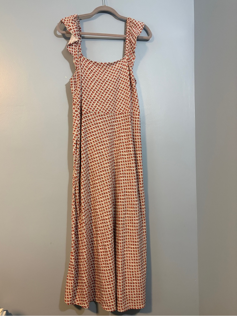 Boden Cream and Red Printed Maxi Dress with Ruffled Straps